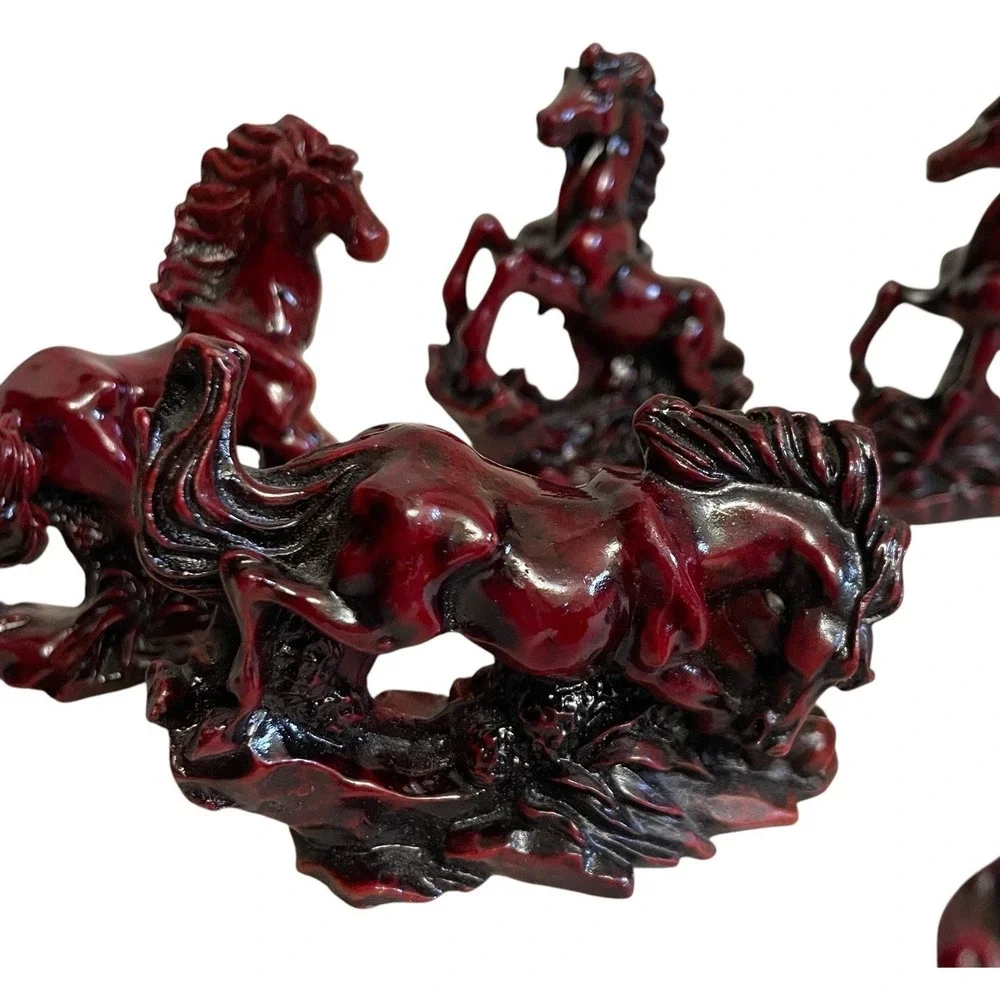 VTG Galloping Horse Figurine Set Home Decor Small Burgundy Red Cinnabar Style